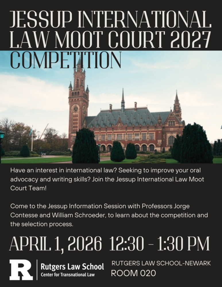 Jessup Competition information session flyer with a photo of a large stone building with a tower