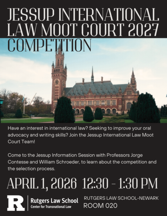 Flyer titled "Jessup International Law Moot Court 2027 Competition" with a photo of the International Court of Justice, a formal brick building with a clock tower